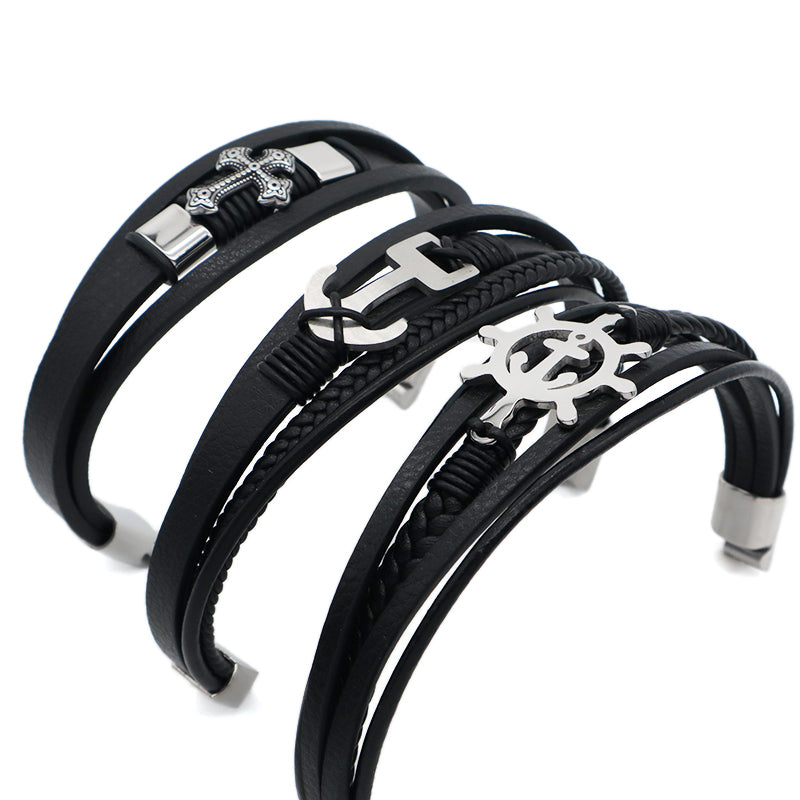 No Tarnish Stainless Steel Cross Anchor Rudder Charm Buckle MultiLayer Custom Black Hand Woven Men Cross Leather Bangle Bracelet