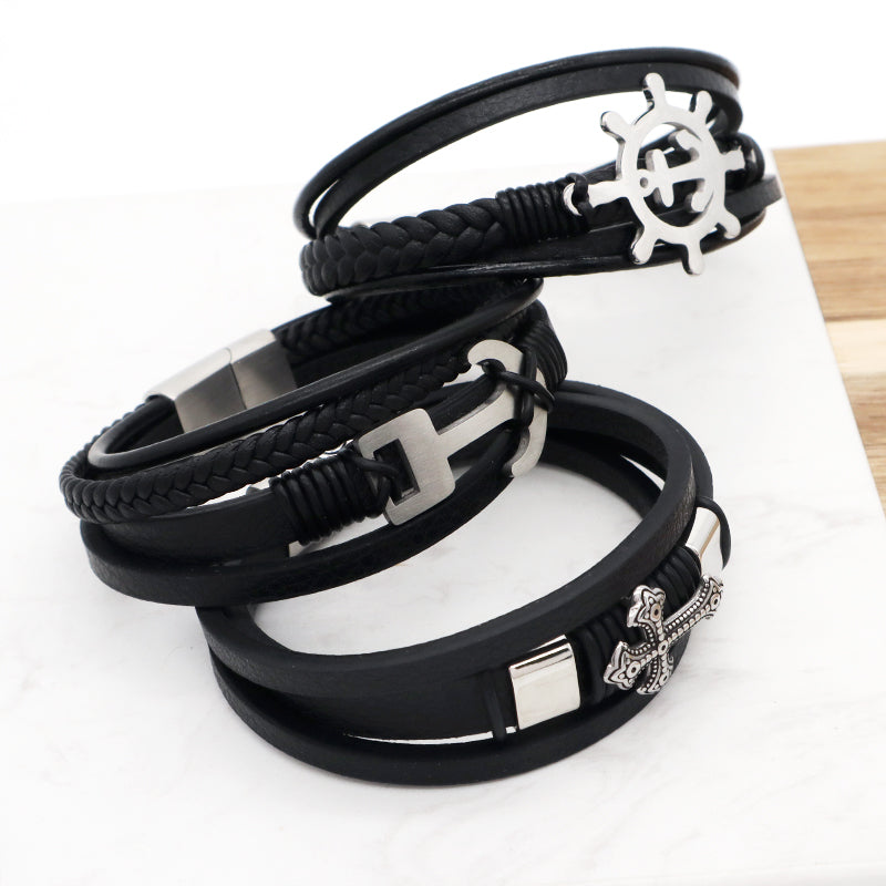 No Tarnish Stainless Steel Cross Anchor Rudder Charm Buckle MultiLayer Custom Black Hand Woven Men Cross Leather Bangle Bracelet