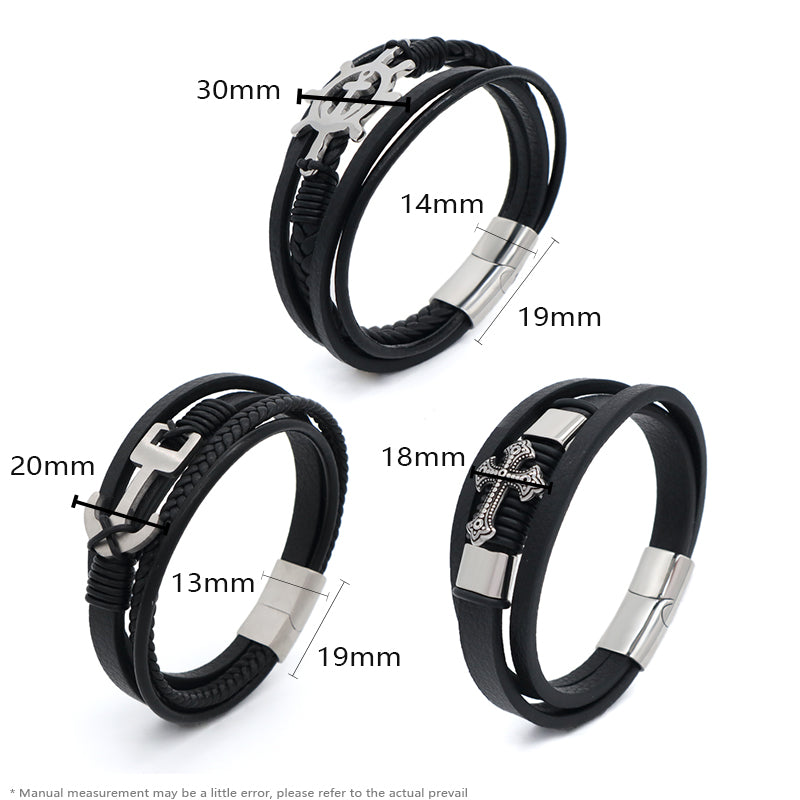 No Tarnish Stainless Steel Cross Anchor Rudder Charm Buckle MultiLayer Custom Black Hand Woven Men Cross Leather Bangle Bracelet