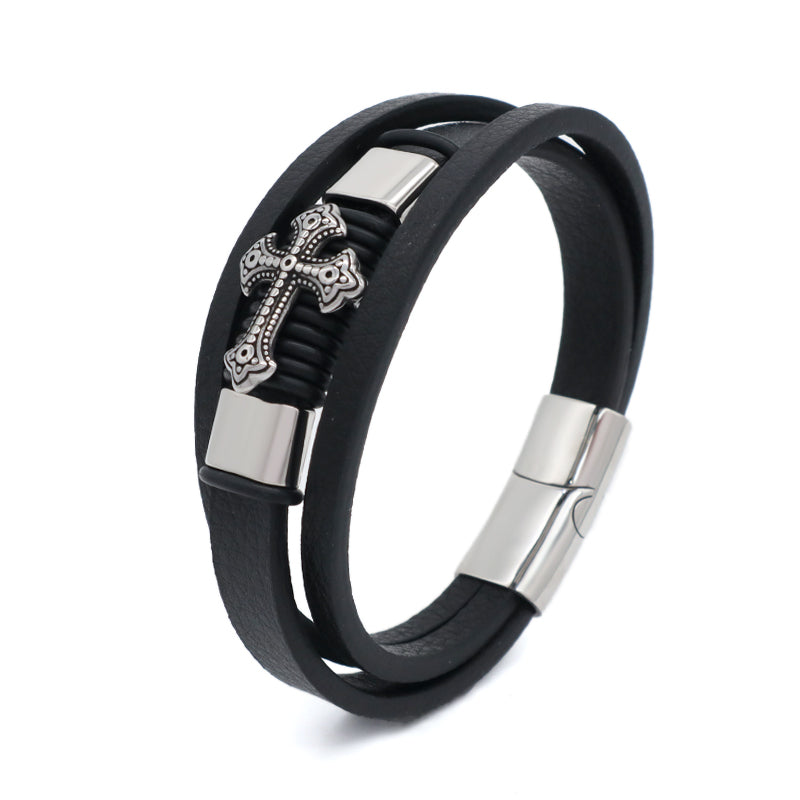 No Tarnish Stainless Steel Cross Anchor Rudder Charm Buckle MultiLayer Custom Black Hand Woven Men Cross Leather Bangle Bracelet