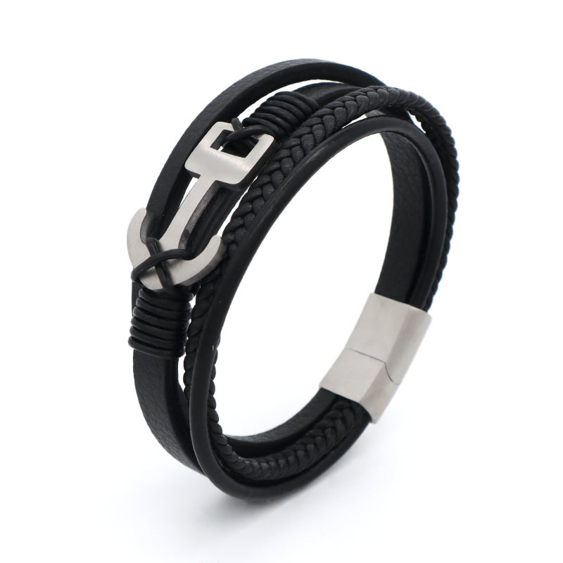 No Tarnish Stainless Steel Cross Anchor Rudder Charm Buckle MultiLayer Custom Black Hand Woven Men Cross Leather Bangle Bracelet
