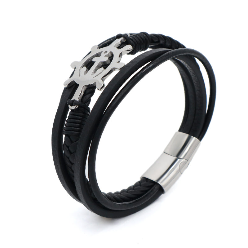 No Tarnish Stainless Steel Cross Anchor Rudder Charm Buckle MultiLayer Custom Black Hand Woven Men Cross Leather Bangle Bracelet
