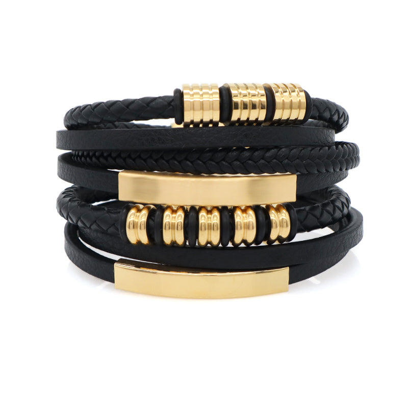 Customized Handmade Woven Leather Bangle MultiLayer Braided Gold Plated Stainless Steel Clasp Black Leather Bracelet For Men