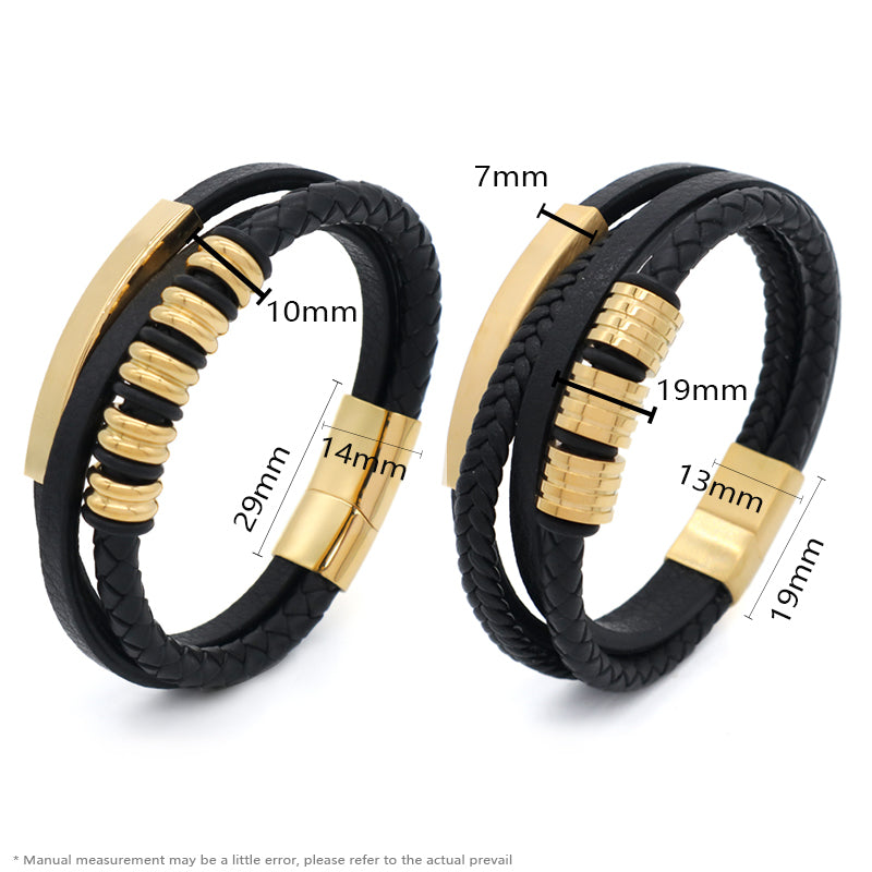 Customized Handmade Woven Leather Bangle MultiLayer Braided Gold Plated Stainless Steel Clasp Black Leather Bracelet For Men