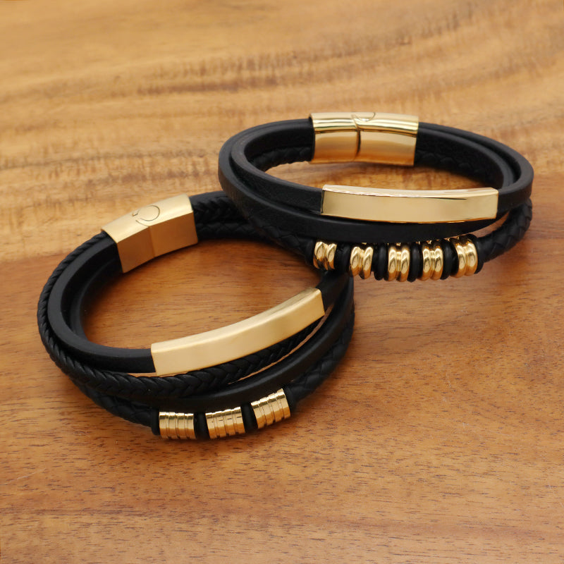 Customized Handmade Woven Leather Bangle MultiLayer Braided Gold Plated Stainless Steel Clasp Black Leather Bracelet For Men