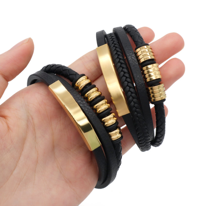Customized Handmade Woven Leather Bangle MultiLayer Braided Gold Plated Stainless Steel Clasp Black Leather Bracelet For Men
