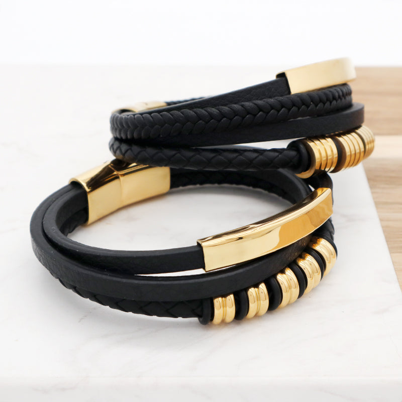 Customized Handmade Woven Leather Bangle MultiLayer Braided Gold Plated Stainless Steel Clasp Black Leather Bracelet For Men