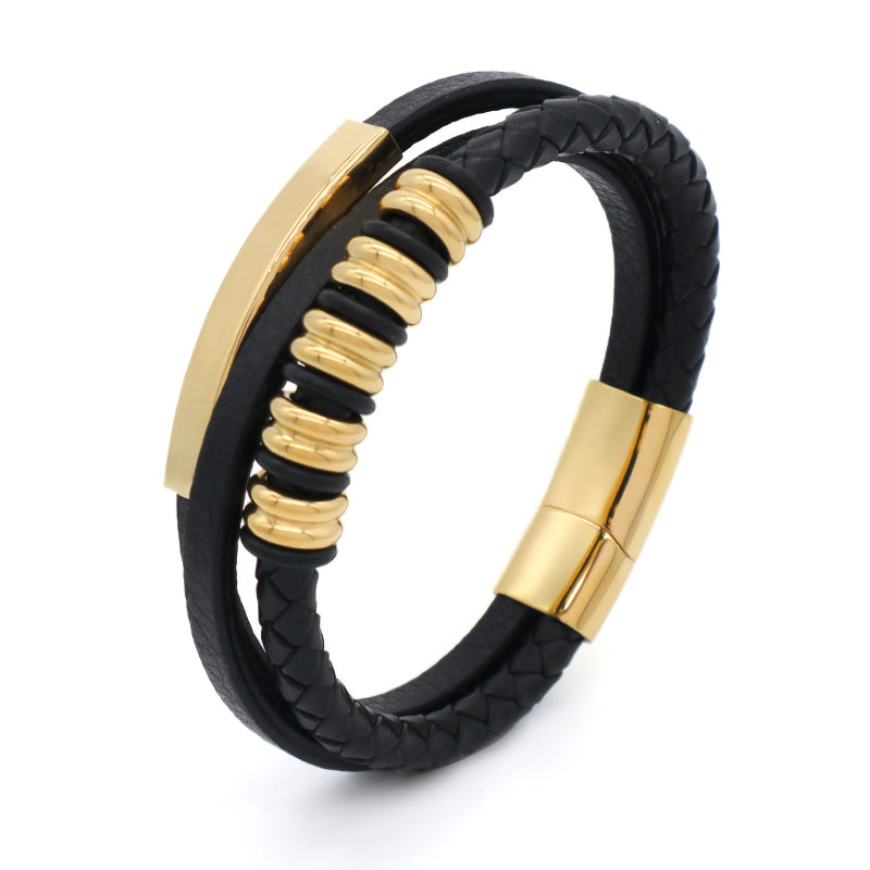 Customized Handmade Woven Leather Bangle MultiLayer Braided Gold Plated Stainless Steel Clasp Black Leather Bracelet For Men