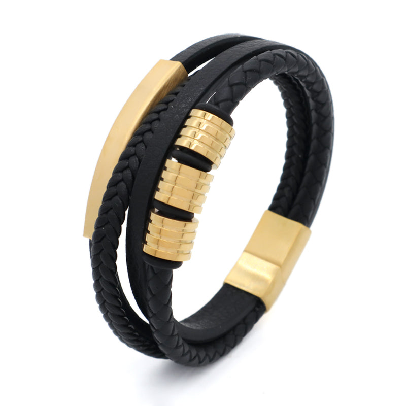 Customized Handmade Woven Leather Bangle MultiLayer Braided Gold Plated Stainless Steel Clasp Black Leather Bracelet For Men