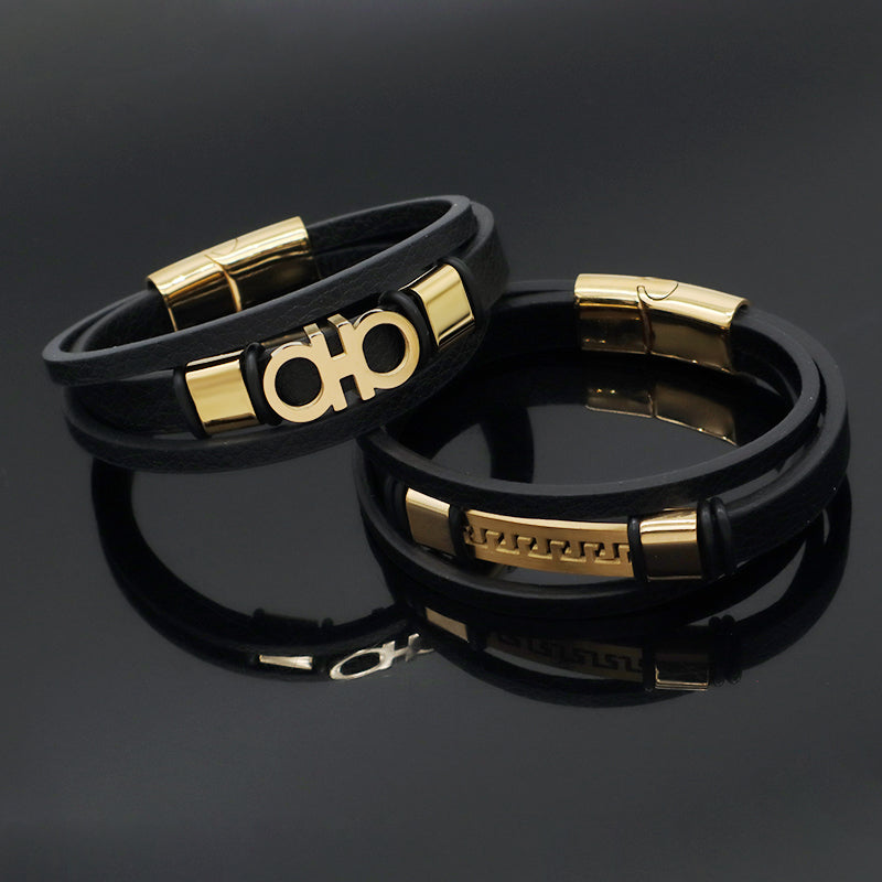 Custom Wholesale Fashion Gold Plated Stainless Steel Buckle Black Braided Cord Handmade Woven Rope Leather Bracelet For Men