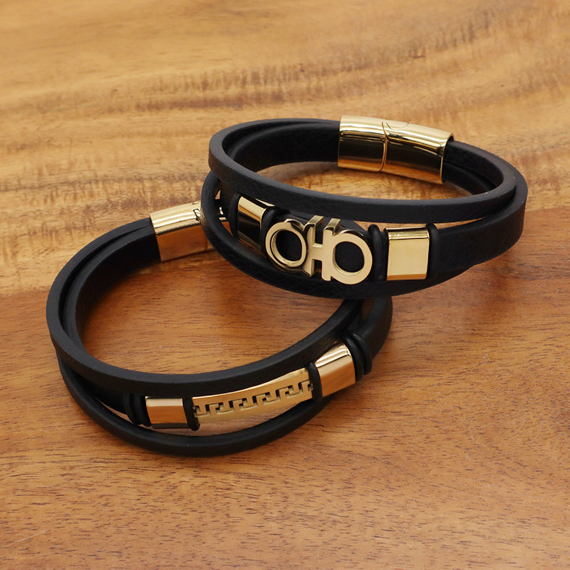 Custom Wholesale Fashion Gold Plated Stainless Steel Buckle Black Braided Cord Handmade Woven Rope Leather Bracelet For Men
