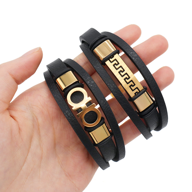 Custom Wholesale Fashion Gold Plated Stainless Steel Buckle Black Braided Cord Handmade Woven Rope Leather Bracelet For Men
