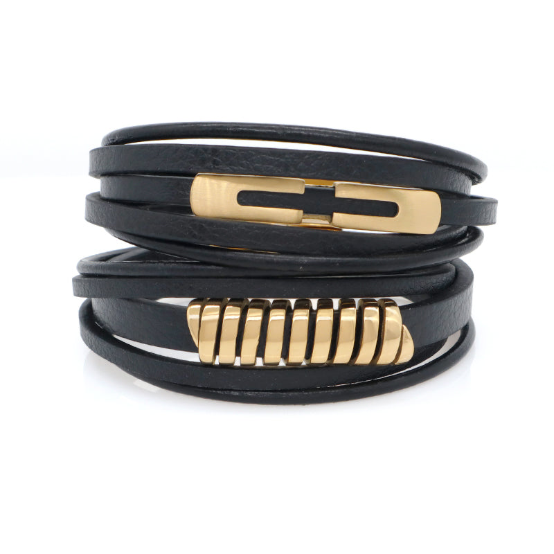 New Arrival Custom Men Leather Accessory Hand Jewelry MultiLayer Black Woven Gold Plated Stainless Steel Mens Leather Bracelet