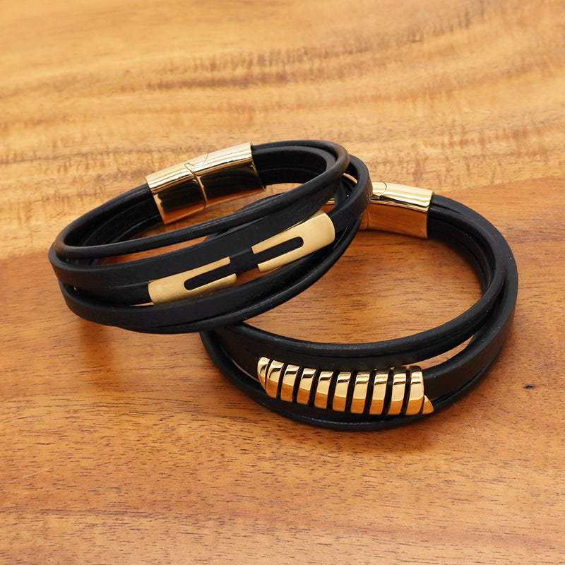 New Arrival Custom Men Leather Accessory Hand Jewelry MultiLayer Black Woven Gold Plated Stainless Steel Mens Leather Bracelet