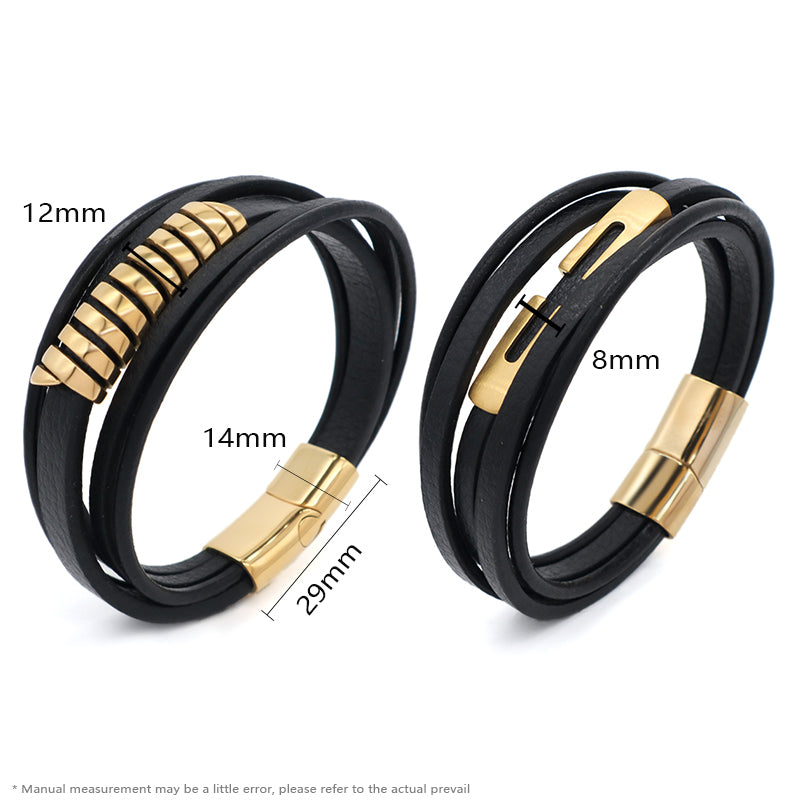 New Arrival Custom Men Leather Accessory Hand Jewelry MultiLayer Black Woven Gold Plated Stainless Steel Mens Leather Bracelet