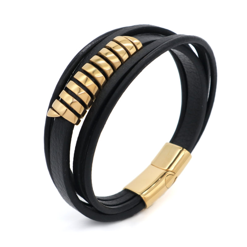 New Arrival Custom Men Leather Accessory Hand Jewelry MultiLayer Black Woven Gold Plated Stainless Steel Mens Leather Bracelet