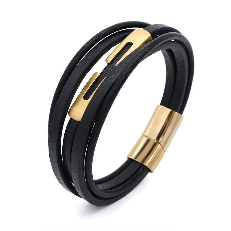 New Arrival Custom Men Leather Accessory Hand Jewelry MultiLayer Black Woven Gold Plated Stainless Steel Mens Leather Bracelet