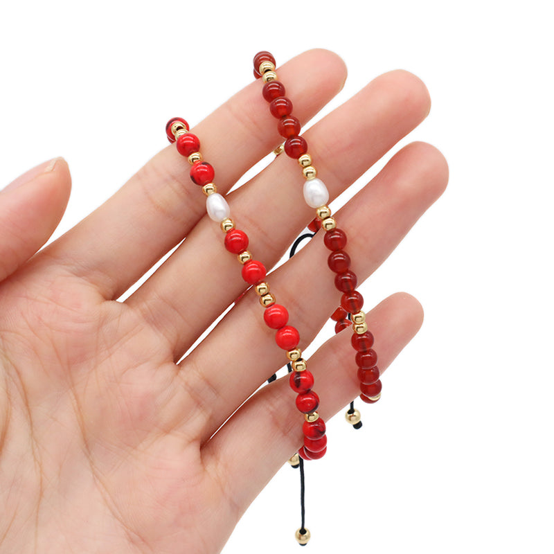 4mm Gemstone Natural Stone Bead Friendship Wholesale Women Customized Handmade Freshwater Pearl Woven Ajustable Macrame Bracelet