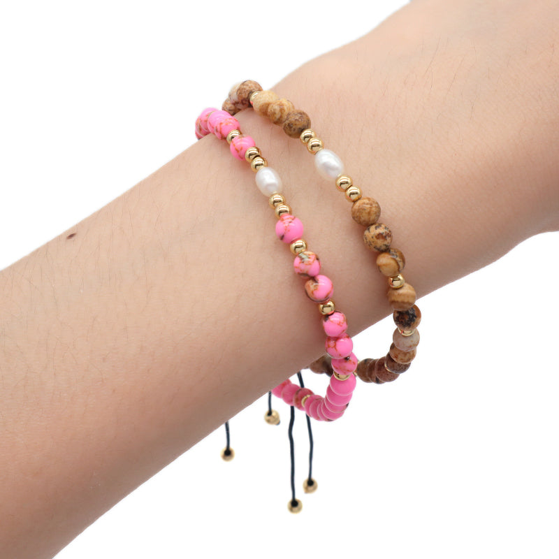 5mm Gemstone Natural Stone Gold Plated Bead Woven Cord Customized Handmade Freshwater Pearl Ajustable Macrame Knot Bracelet