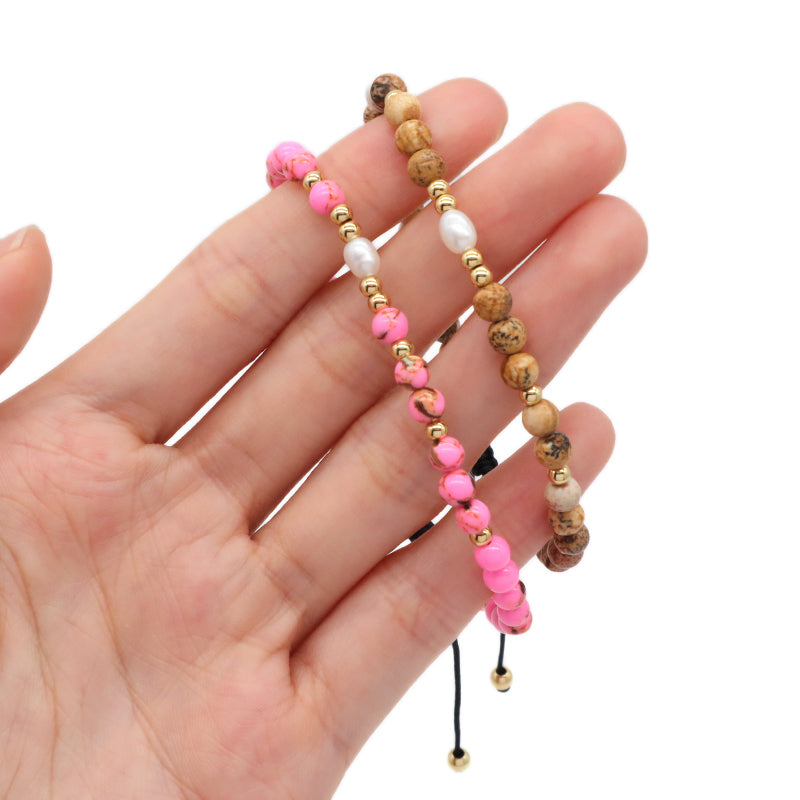 5mm Gemstone Natural Stone Gold Plated Bead Woven Cord Customized Handmade Freshwater Pearl Ajustable Macrame Knot Bracelet