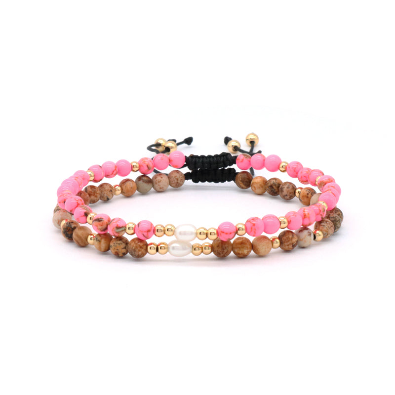 5mm Gemstone Natural Stone Gold Plated Bead Woven Cord Customized Handmade Freshwater Pearl Ajustable Macrame Knot Bracelet