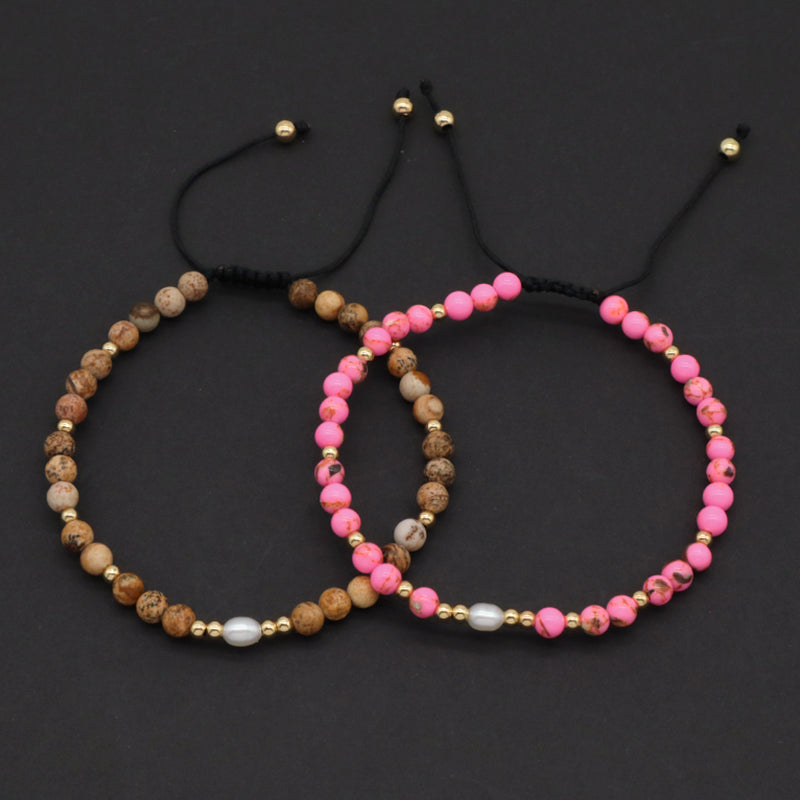 5mm Gemstone Natural Stone Gold Plated Bead Woven Cord Customized Handmade Freshwater Pearl Ajustable Macrame Knot Bracelet