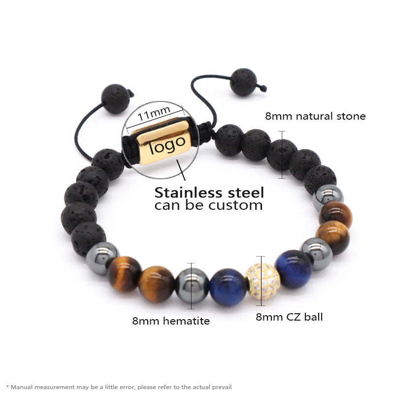 Custom Mix Ajustable CZ Handmade Fashion Jewelry Latest 8mm Tiger Eye Lava Stone Beads Natural Stone Macrame Knots Bracelet