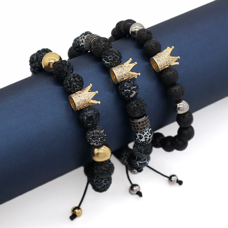 Wholesale Custom Handmade Ajustable Woven Stainless Steel Lava Natural Stone Beaded CZ Women Men Crown Macrame Knots Bracelet