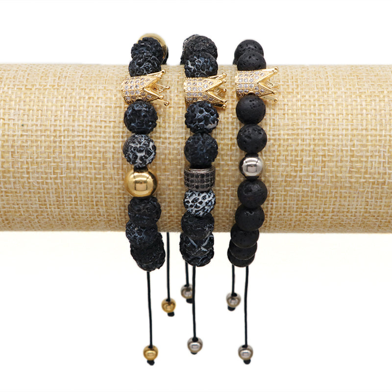 Wholesale Custom Handmade Ajustable Woven Stainless Steel Lava Natural Stone Beaded CZ Women Men Crown Macrame Knots Bracelet