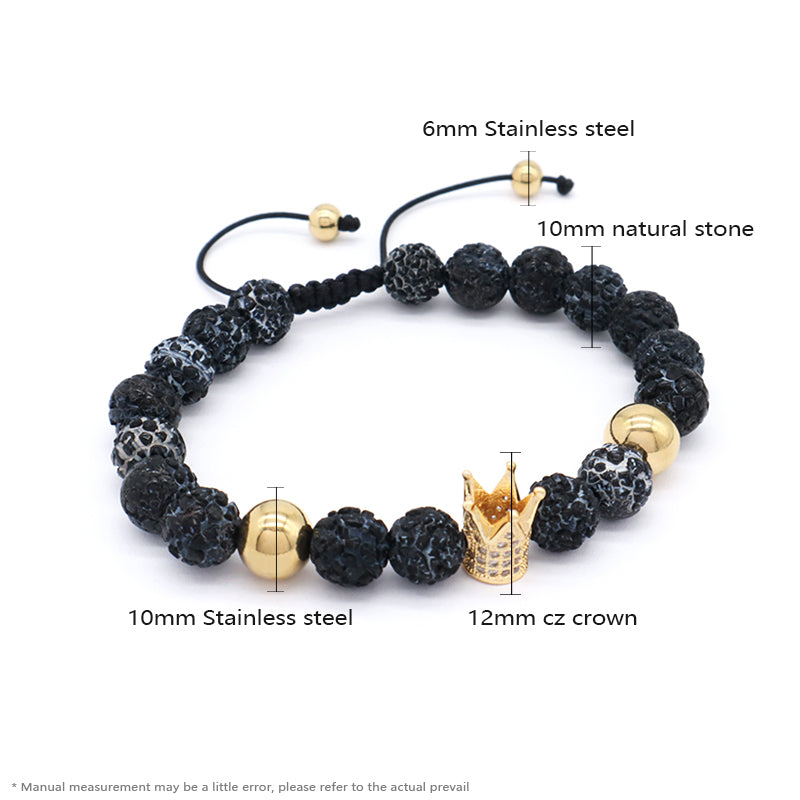 Wholesale Custom Handmade Ajustable Woven Stainless Steel Lava Natural Stone Beaded CZ Women Men Crown Macrame Knots Bracelet