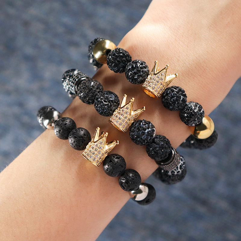 Wholesale Custom Handmade Ajustable Woven Stainless Steel Lava Natural Stone Beaded CZ Women Men Crown Macrame Knots Bracelet