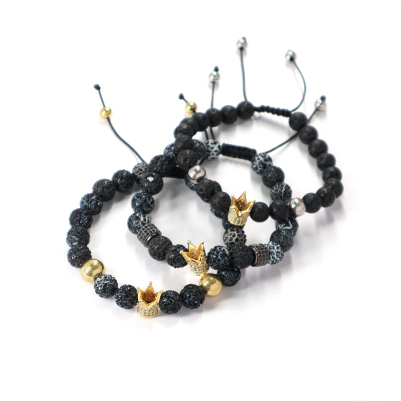 Wholesale Custom Handmade Ajustable Woven Stainless Steel Lava Natural Stone Beaded CZ Women Men Crown Macrame Knots Bracelet
