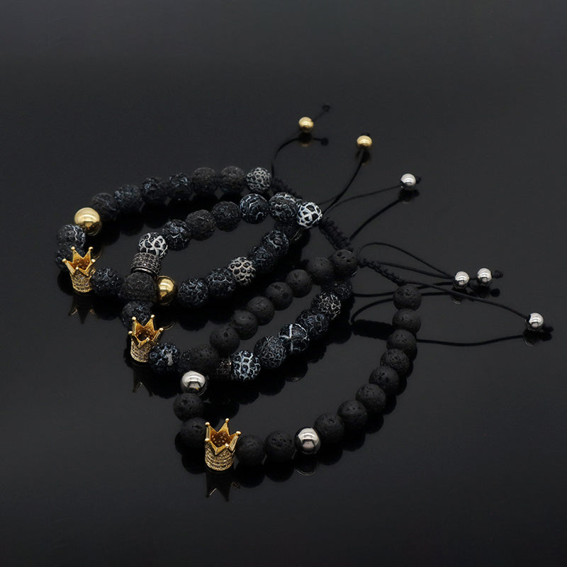 Wholesale Custom Handmade Ajustable Woven Stainless Steel Lava Natural Stone Beaded CZ Women Men Crown Macrame Knots Bracelet