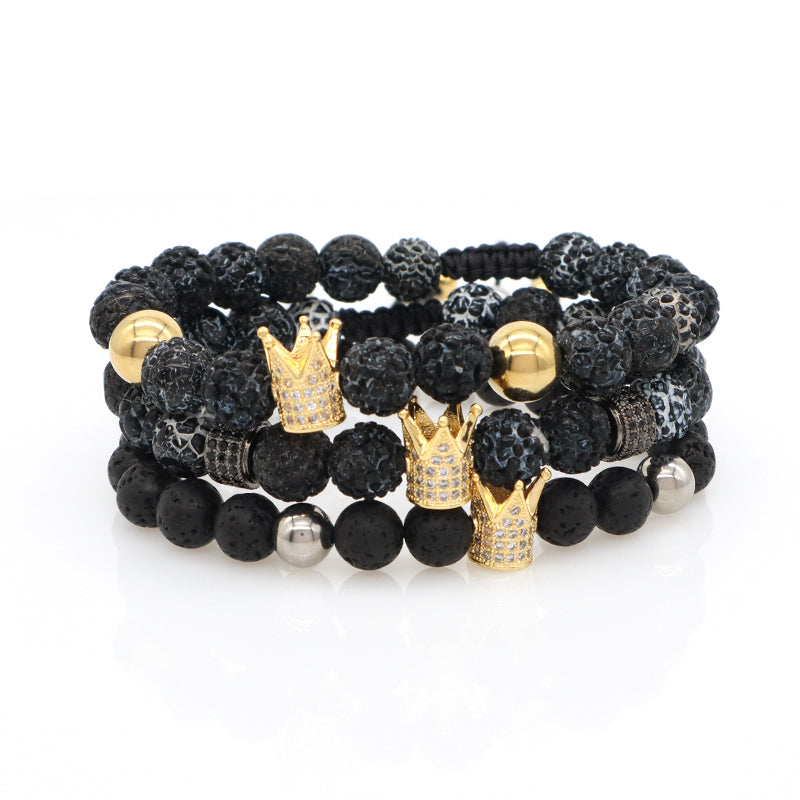 Wholesale Custom Handmade Ajustable Woven Stainless Steel Lava Natural Stone Beaded CZ Women Men Crown Macrame Knots Bracelet