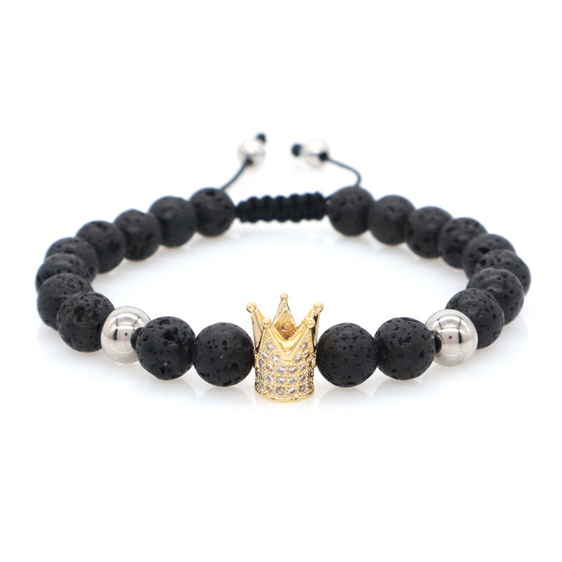 Wholesale Custom Handmade Ajustable Woven Stainless Steel Lava Natural Stone Beaded CZ Women Men Crown Macrame Knots Bracelet