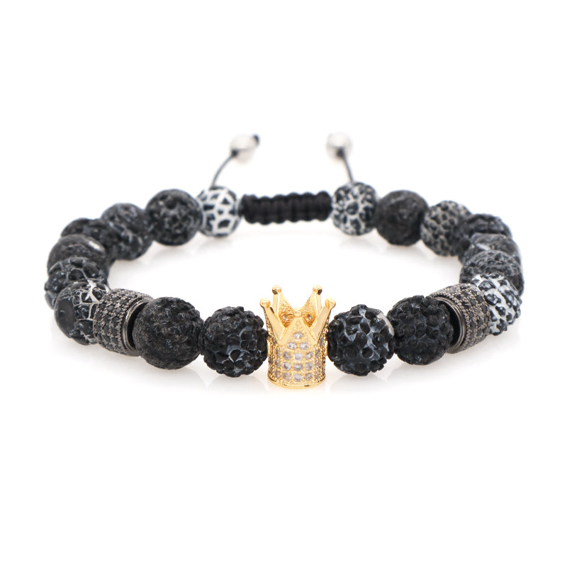 Wholesale Custom Handmade Ajustable Woven Stainless Steel Lava Natural Stone Beaded CZ Women Men Crown Macrame Knots Bracelet