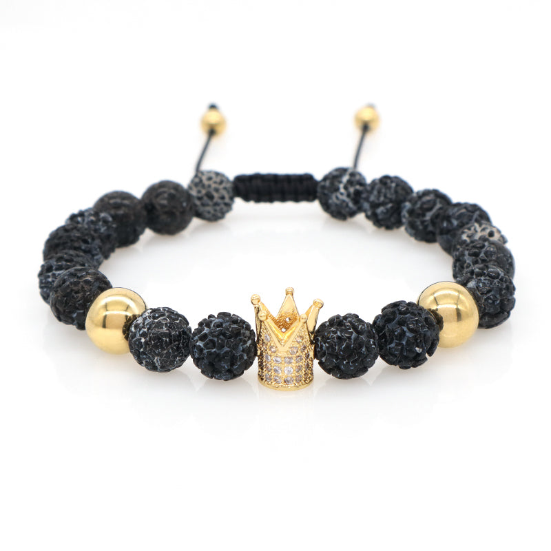 Wholesale Custom Handmade Ajustable Woven Stainless Steel Lava Natural Stone Beaded CZ Women Men Crown Macrame Knots Bracelet