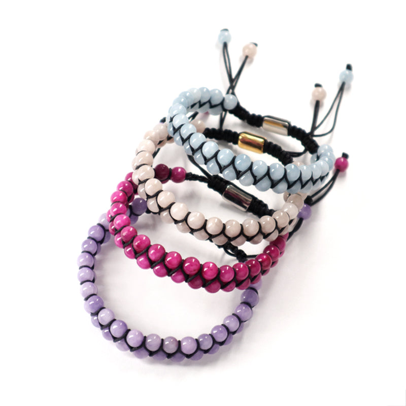 Handmade Yoga Inspiratioual 6mm Natural Stone Bead Gemstone Ajustable Stainless Steel Macrame Knots Handmade Yoga Bracelet