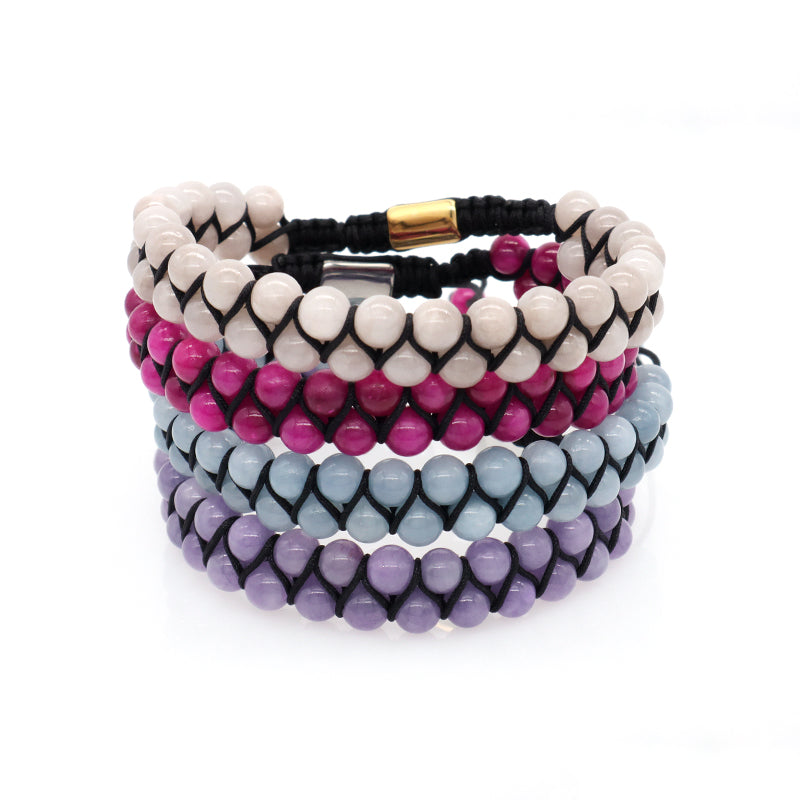 Handmade Yoga Inspiratioual 6mm Natural Stone Bead Gemstone Ajustable Stainless Steel Macrame Knots Handmade Yoga Bracelet