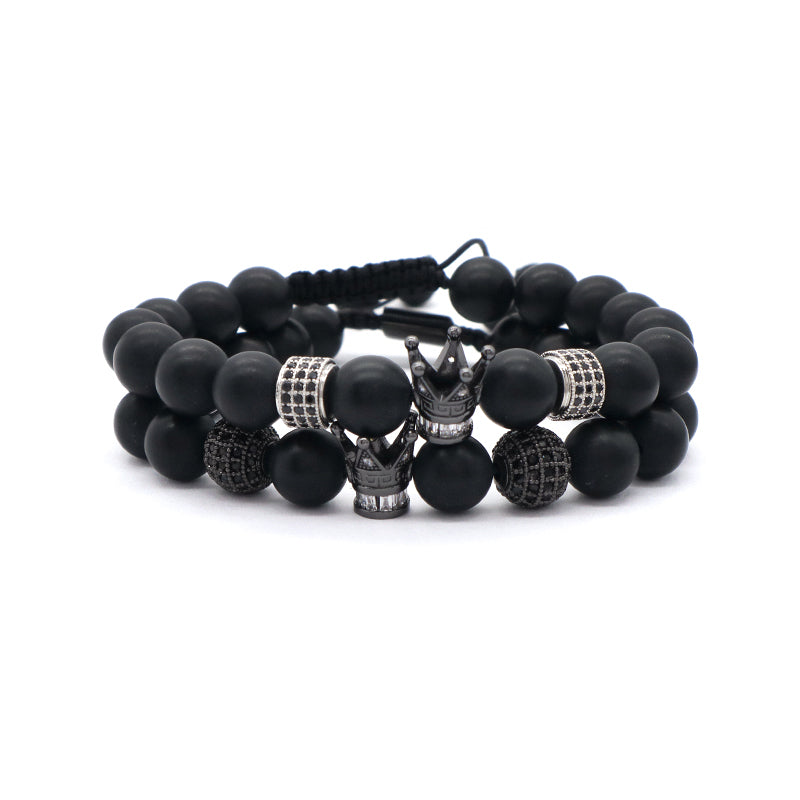 Custom Wholesale Women Men Yoga Ajustable Handmade CZ Crown Charm Macrame Knots 10mm Natural Stone Beaded Friendship Bracelet