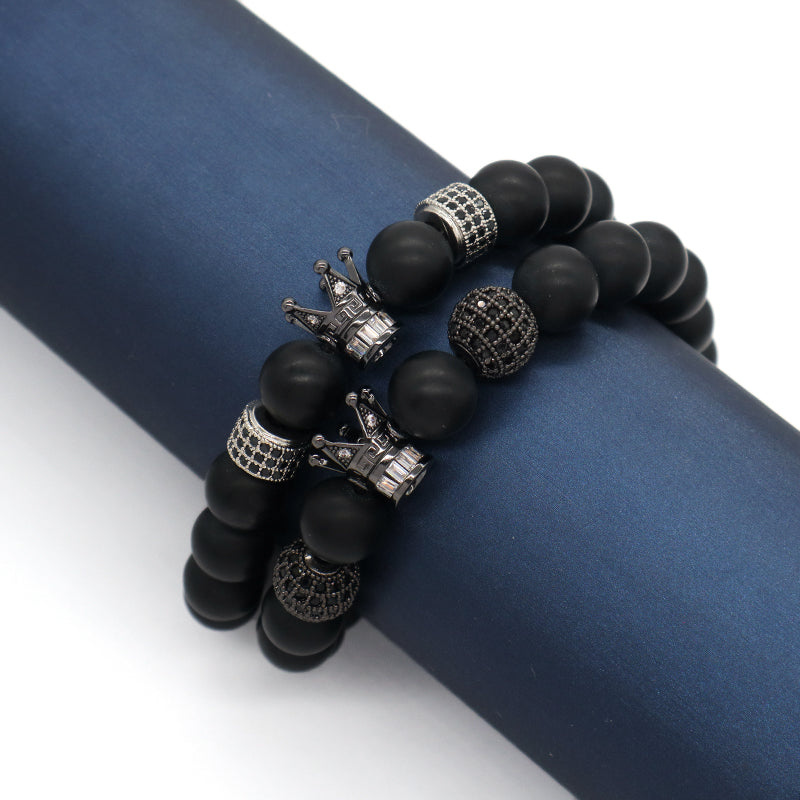 Custom Wholesale Women Men Yoga Ajustable Handmade CZ Crown Charm Macrame Knots 10mm Natural Stone Beaded Friendship Bracelet