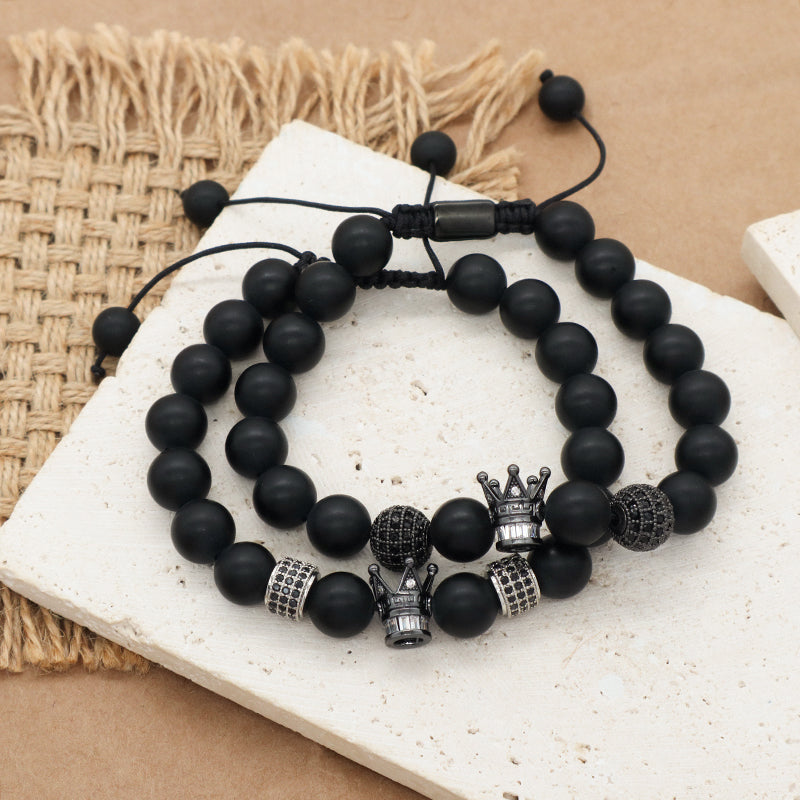 Custom Wholesale Women Men Yoga Ajustable Handmade CZ Crown Charm Macrame Knots 10mm Natural Stone Beaded Friendship Bracelet