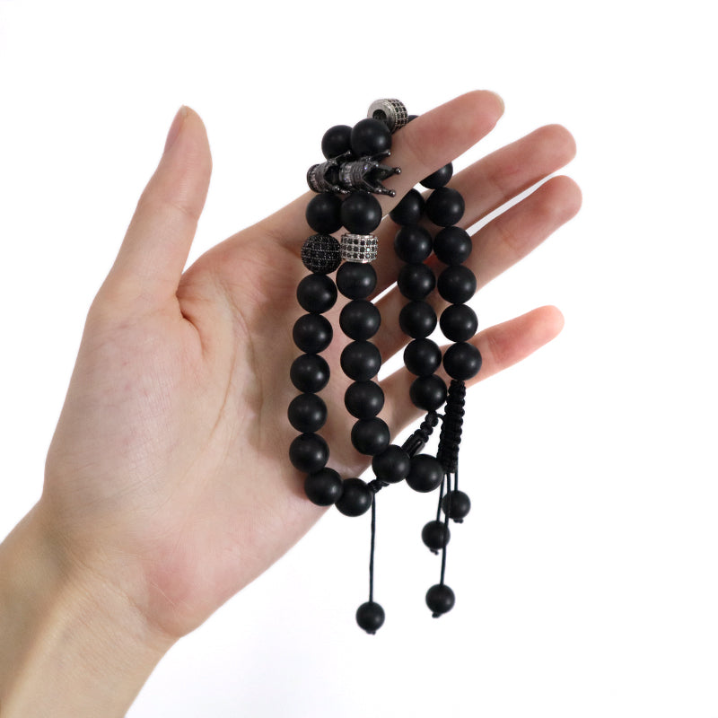 Custom Wholesale Women Men Yoga Ajustable Handmade CZ Crown Charm Macrame Knots 10mm Natural Stone Beaded Friendship Bracelet