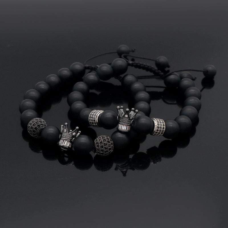 Custom Wholesale Women Men Yoga Ajustable Handmade CZ Crown Charm Macrame Knots 10mm Natural Stone Beaded Friendship Bracelet