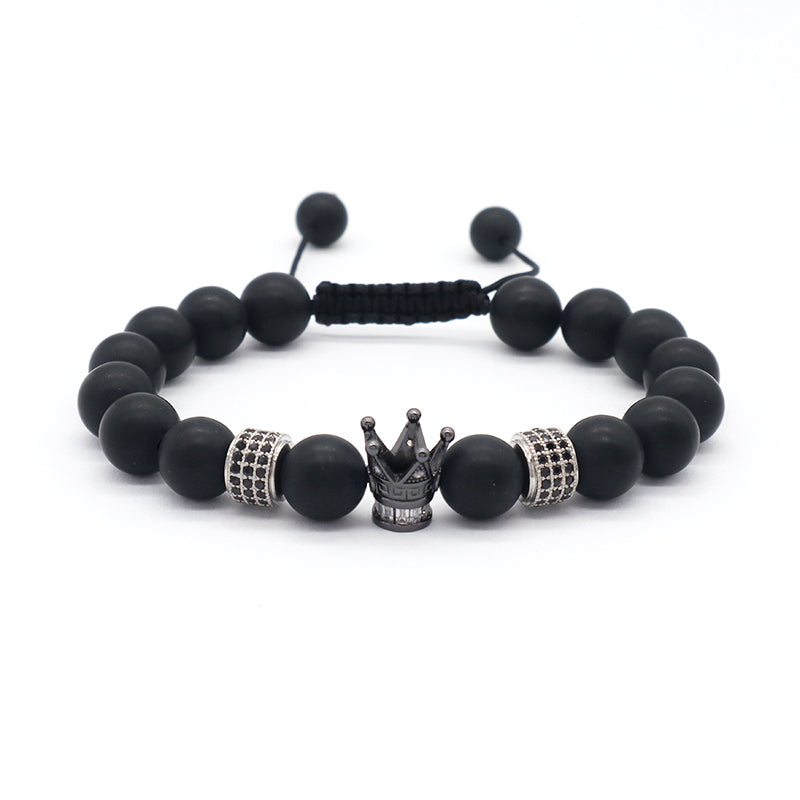 Custom Wholesale Women Men Yoga Ajustable Handmade CZ Crown Charm Macrame Knots 10mm Natural Stone Beaded Friendship Bracelet