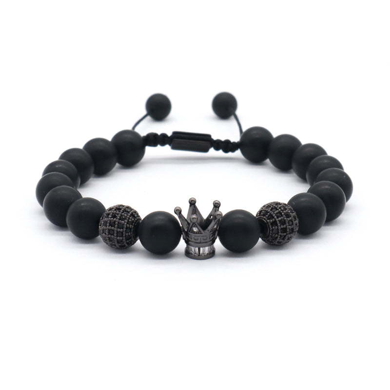 Custom Wholesale Women Men Yoga Ajustable Handmade CZ Crown Charm Macrame Knots 10mm Natural Stone Beaded Friendship Bracelet