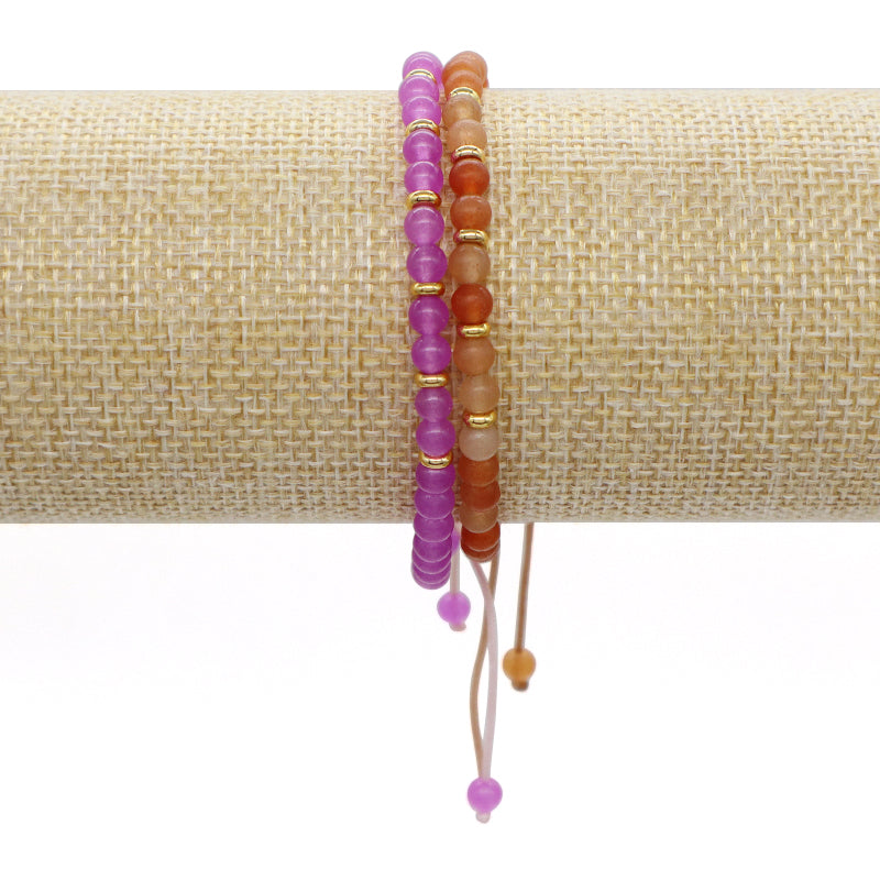 Custom 4mm Gemstone Natural Stone Beads Gold Plated Brass Charm Woven Cord Handmade Ajustable Macrame Knot Bracelet For Women