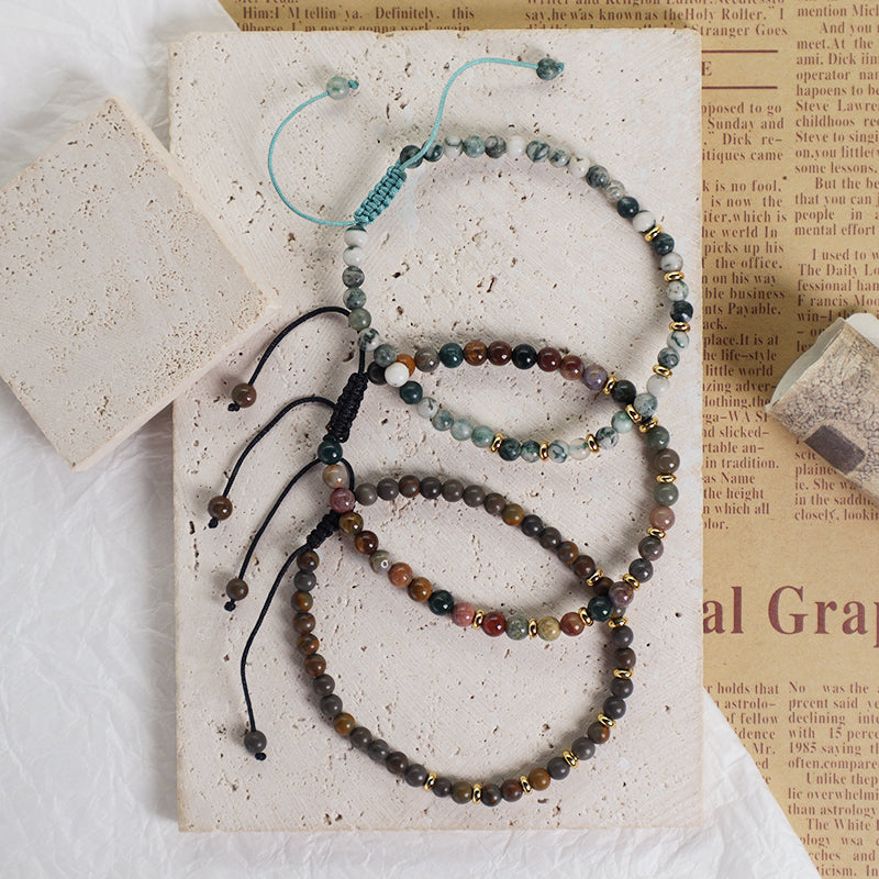 Wholesale Custom 4mm Natural Stone Beaded Handmade Fashion Women Gift Gold Plated Brass Charm Braided Ajustable Macrame Bracelet