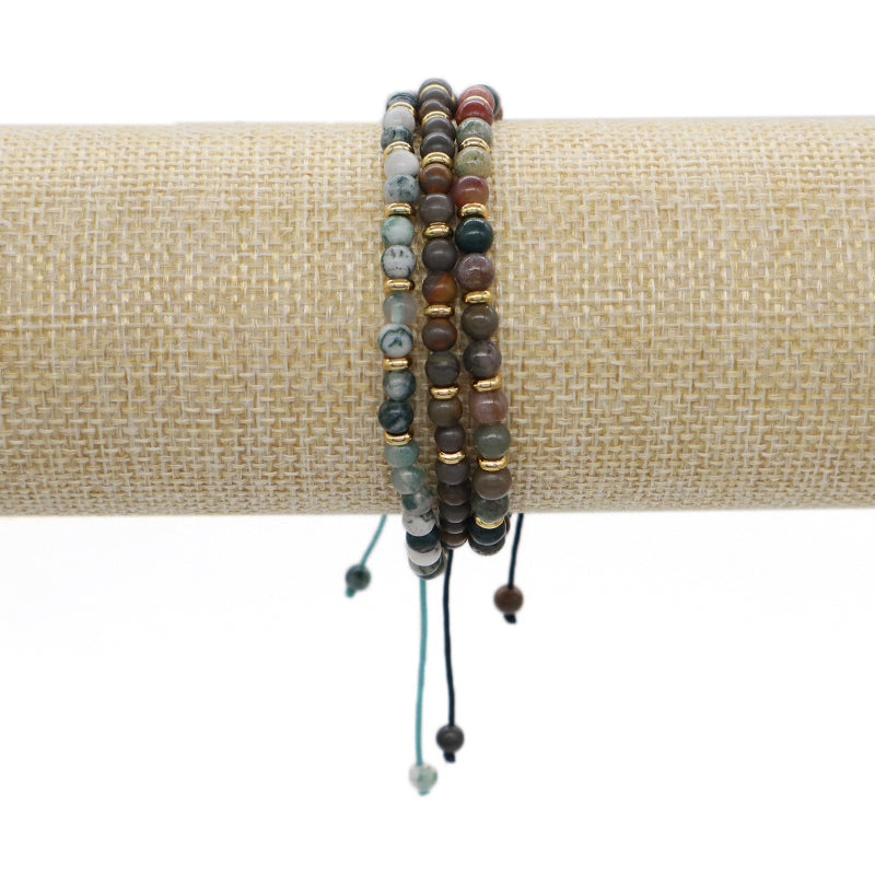 Wholesale Custom 4mm Natural Stone Beaded Handmade Fashion Women Gift Gold Plated Brass Charm Braided Ajustable Macrame Bracelet