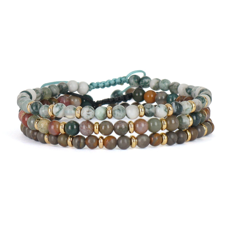 Wholesale Custom 4mm Natural Stone Beaded Handmade Fashion Women Gift Gold Plated Brass Charm Braided Ajustable Macrame Bracelet